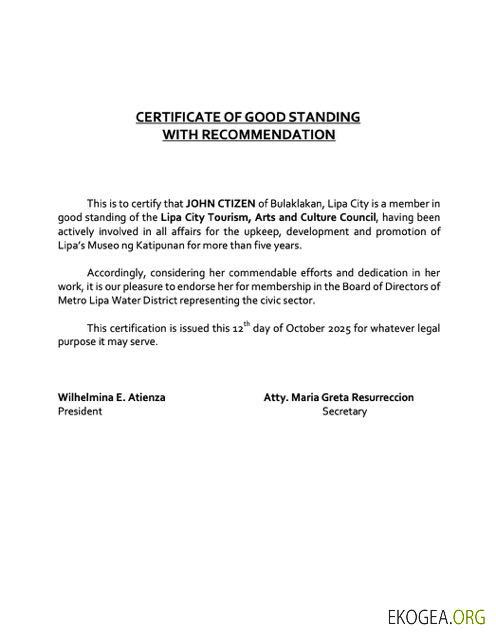 Modèle Word et PDF de certificat de bonne réputation des Philippines, version 9